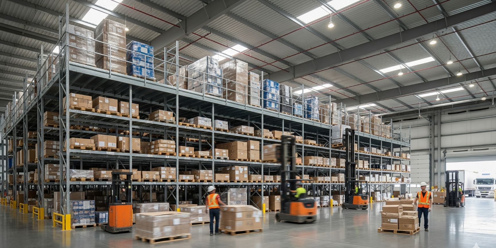 Large-scale warehouse with a multi-storey mezzanine made of steel, which is used as additional storage space with shelves and pallets. On the ground floor, forklifts and logistics employees are in operation.